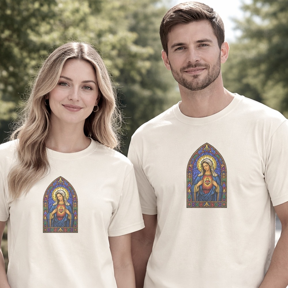 Sacred Heart Madonna Cradled in Gothic Stained Glass Tee